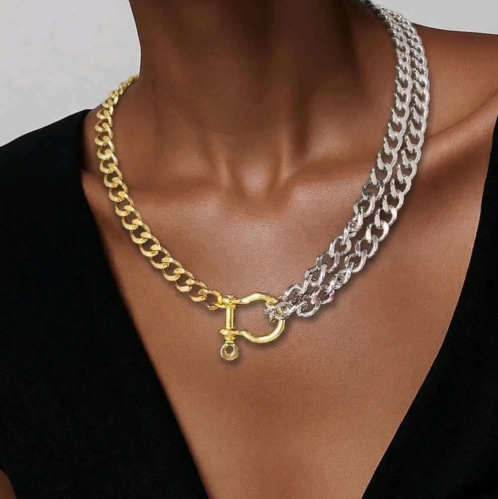 Mixed Metal Cuban Chain Choker Horsebit Shackle Carabiner Necklace Gold Silver